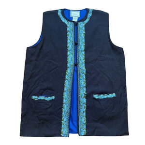 VTG April Cornell Vest Wool Embroidered Lined Blue Boho Size S/M